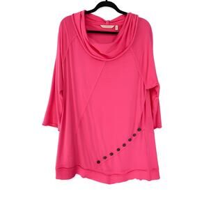 Soft Surroundings Large Hot Pink Cowl Neck Tunic Boho Lagenlook Asym Button Top